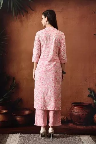 Floral printed mandarin collar pure cotton straight kurta with trousers