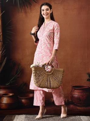 Floral printed mandarin collar pure cotton straight kurta with trousers 4