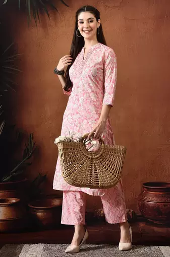Floral printed mandarin collar pure cotton straight kurta with trousers
