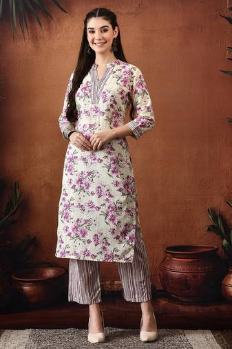 Floral printed mandarin collar pure cotton kurta with palazzos