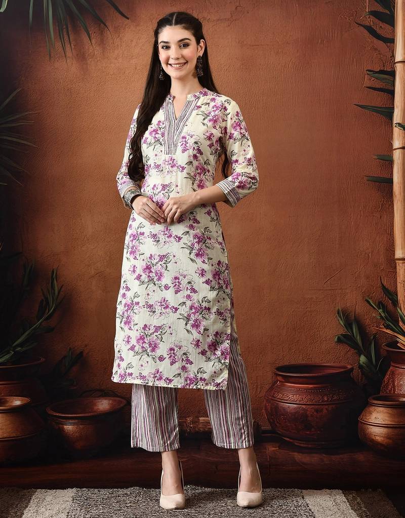 Floral printed mandarin collar pure cotton kurta with palazzos