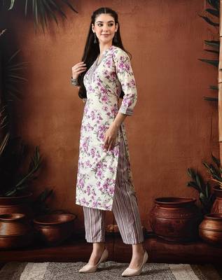 Floral printed mandarin collar pure cotton kurta with palazzos 4