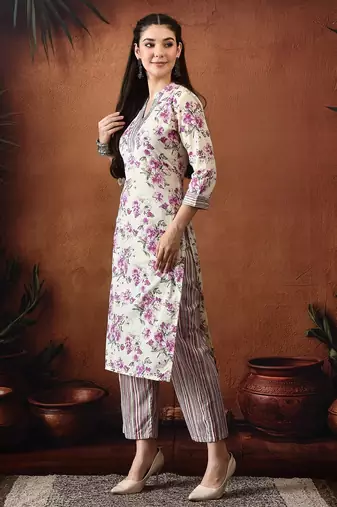 Floral printed mandarin collar pure cotton kurta with palazzos