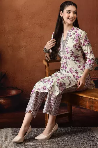 Floral printed mandarin collar pure cotton kurta with palazzos