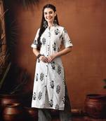 Floral printed mandarin collar pure cotton kurta with trousers