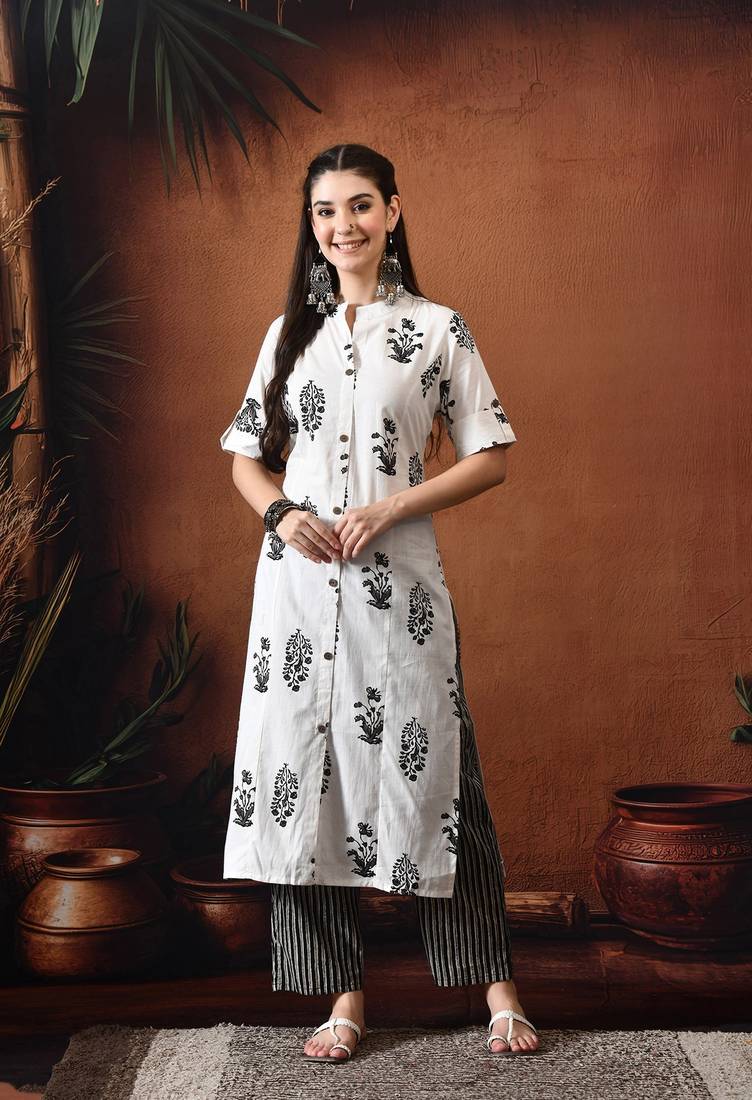 Floral printed mandarin collar pure cotton kurta with trousers