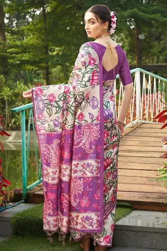 Multicolor tussar silk blend kalamkari printed sarees