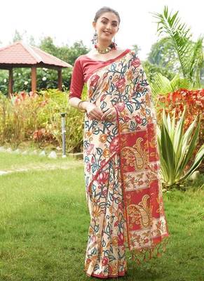 Multicolor tussar silk blend kalamkari printed sarees 1
