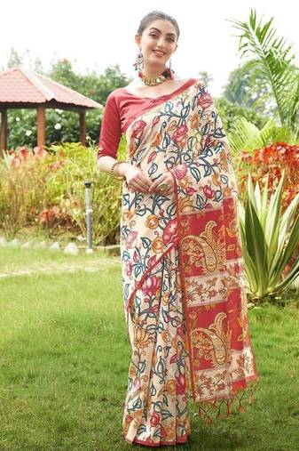Multicolor tussar silk kalamkari printed sarees