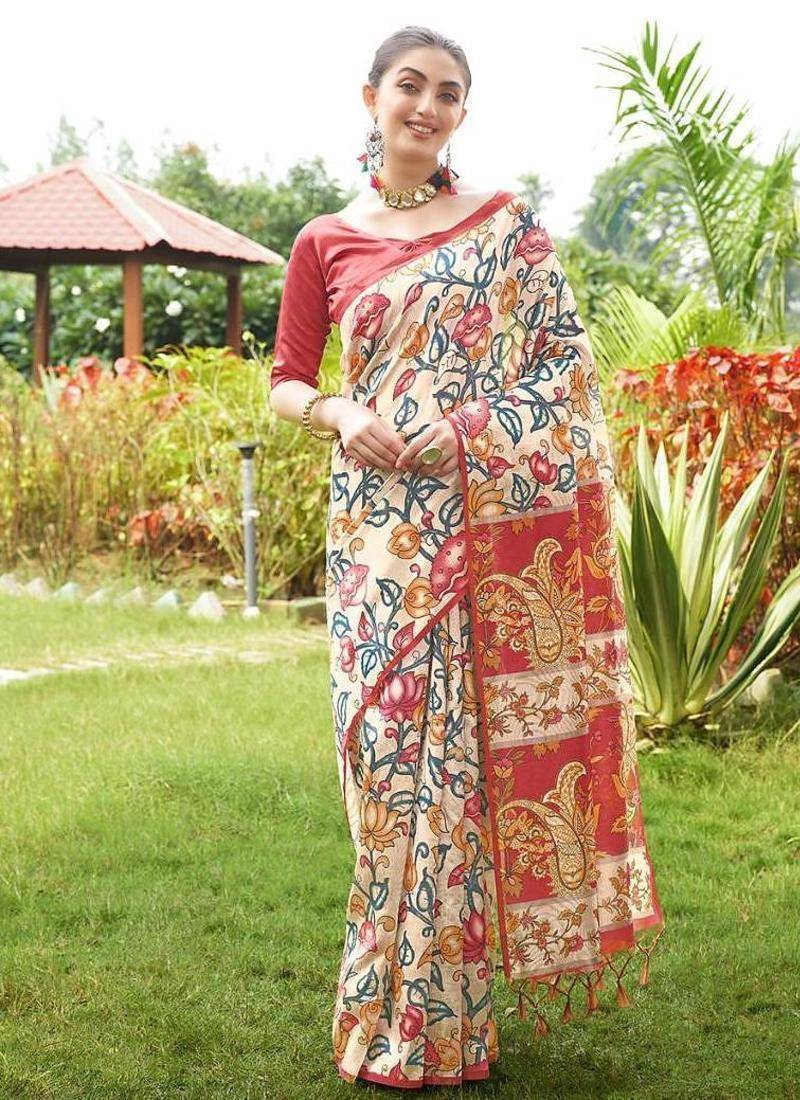 Multicolor tussar silk kalamkari printed sarees