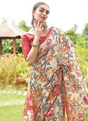 Multicolor tussar silk blend kalamkari printed sarees 3