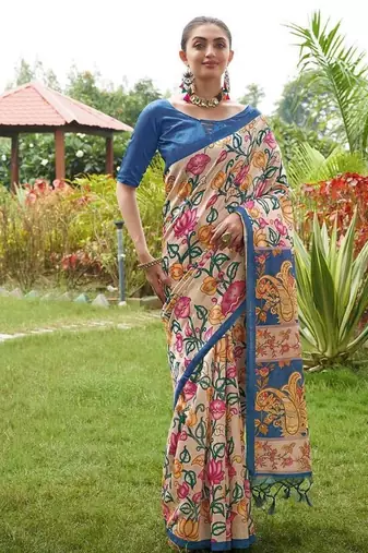 Multicolor tussar silk kalamkari printed sarees