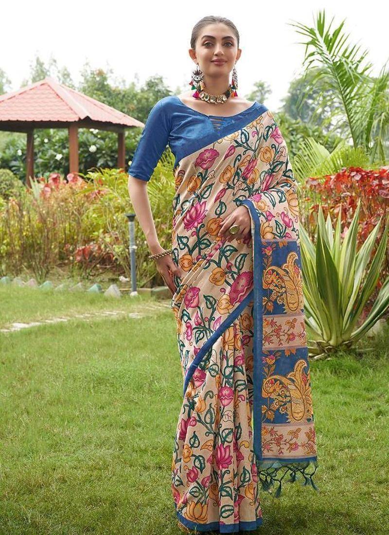 Multicolor tussar silk kalamkari printed sarees