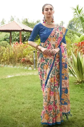 Multicolor tussar silk blend kalamkari printed sarees
