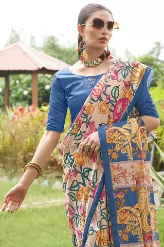 Multicolor tussar silk blend kalamkari printed sarees