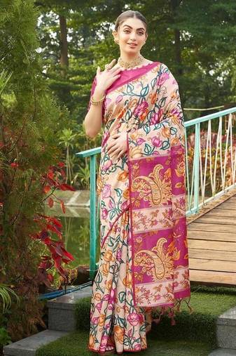 Multicolor tussar silk kalamkari printed sarees