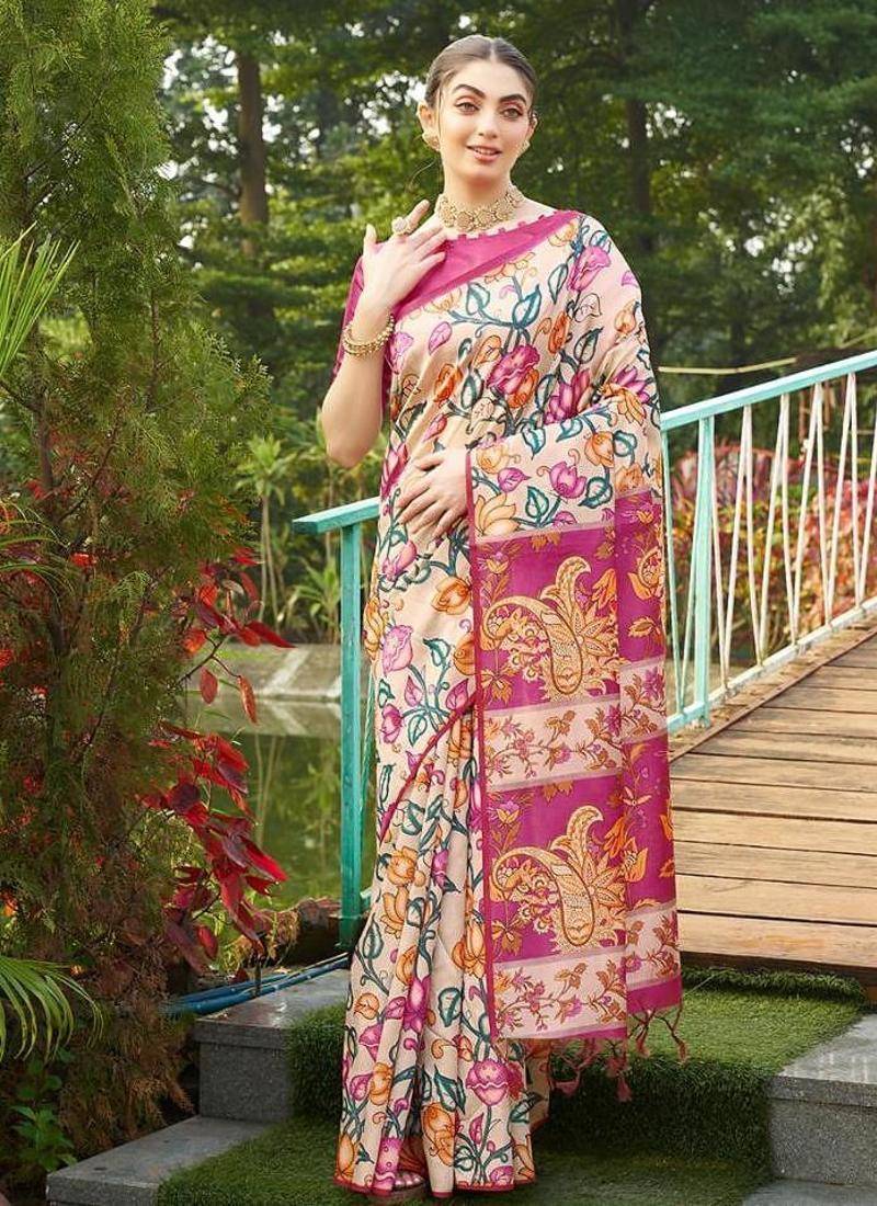 Multicolor tussar silk kalamkari printed sarees