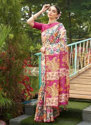Multicolor tussar silk blend kalamkari printed sarees 2