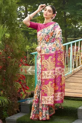 Multicolor tussar silk blend kalamkari printed sarees