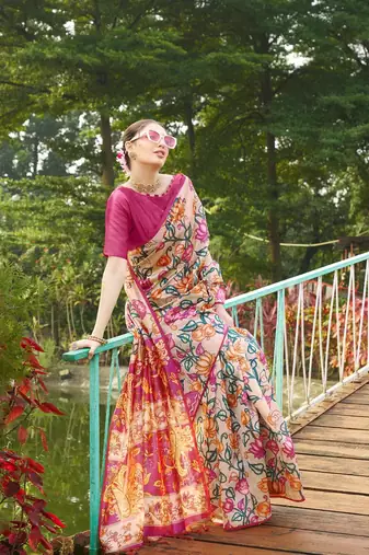 Multicolor tussar silk blend kalamkari printed sarees