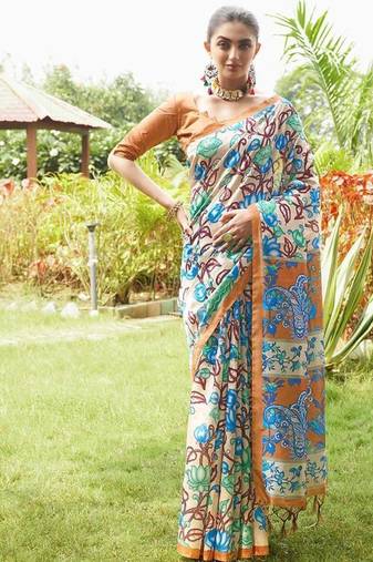 Multicolor tussar silk kalamkari printed sarees