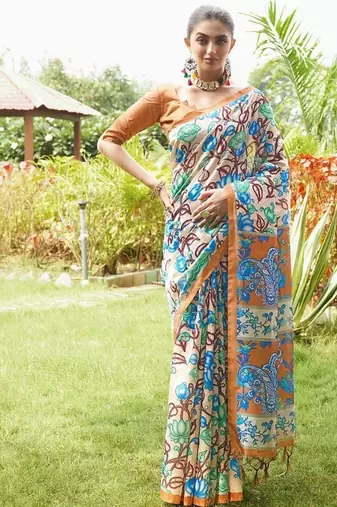 Multicolor tussar silk kalamkari printed sarees
