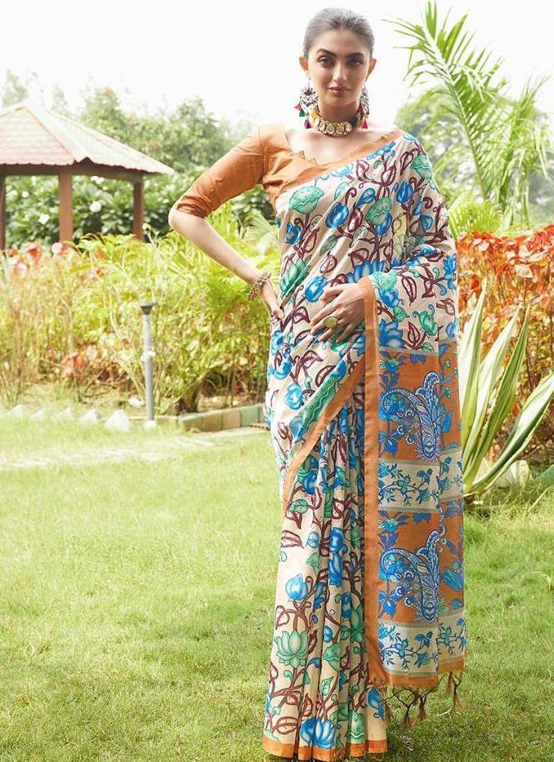 Multicolor tussar silk kalamkari printed sarees