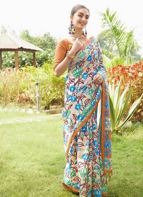 Multicolor tussar silk blend kalamkari printed sarees 2