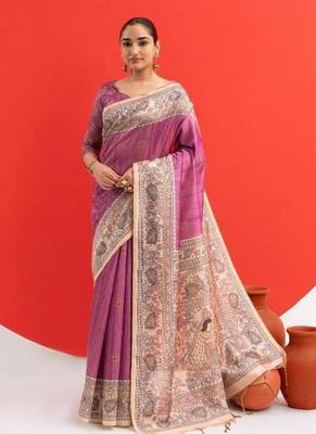 Magenta tussar silk blend madhubani printed sarees 1