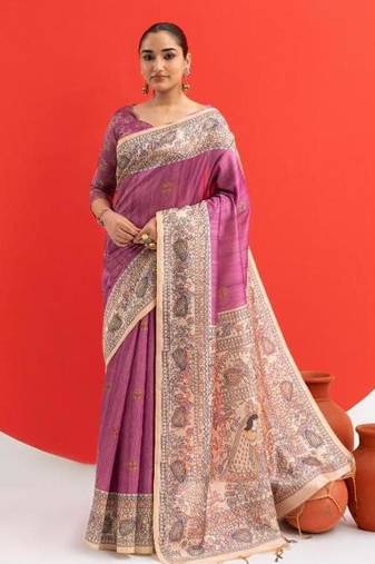 Magenta color tussar silk madhubani printed sarees
