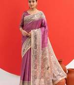 Magenta color tussar silk blend madhubani printed sarees