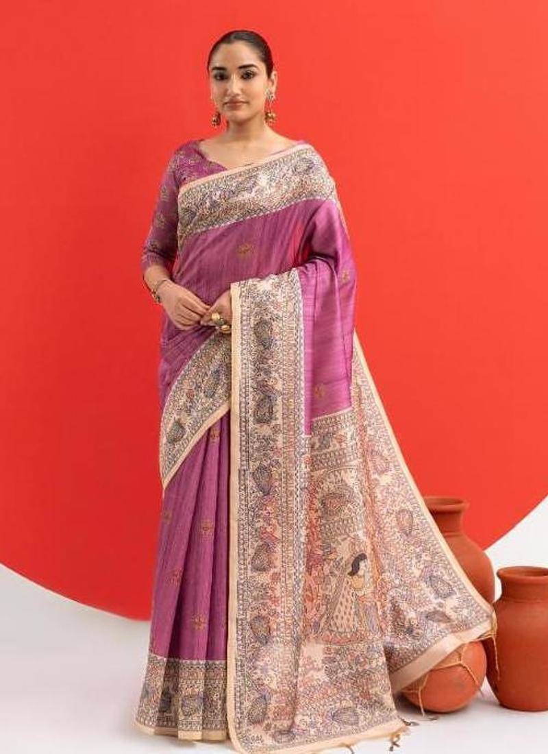 Magenta color tussar silk madhubani printed sarees