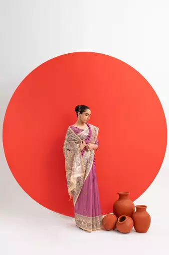 Magenta color tussar silk blend madhubani printed sarees