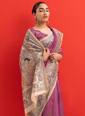 Magenta tussar silk blend madhubani printed sarees 4