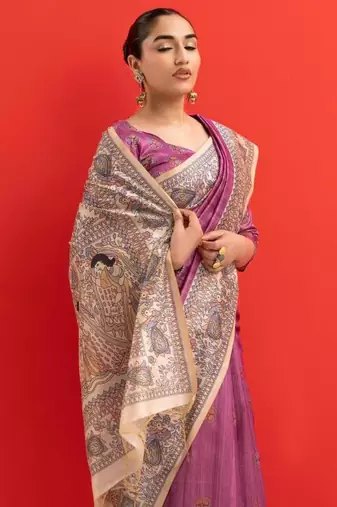 Magenta color tussar silk blend madhubani printed sarees
