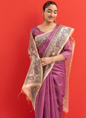 Magenta tussar silk blend madhubani printed sarees 5