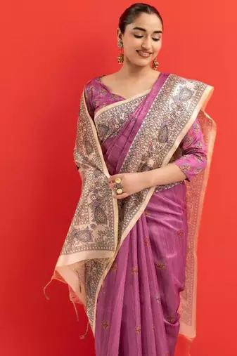 Magenta color tussar silk blend madhubani printed sarees