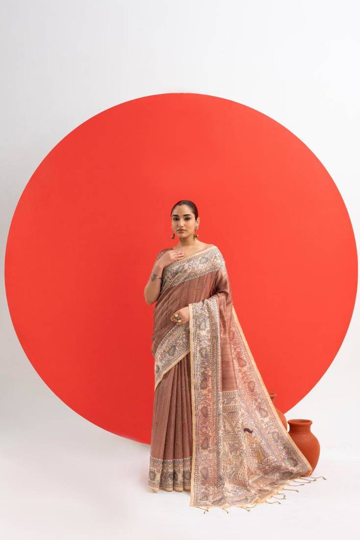 Brown color tussar silk madhubani printed sarees