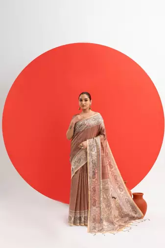 Brown color tussar silk blend madhubani printed sarees