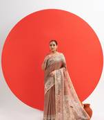 Brown color tussar silk blend madhubani printed sarees