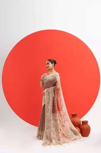 Brown color tussar silk blend madhubani printed sarees