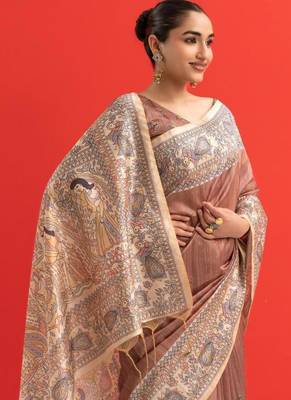 Brown color tussar silk blend madhubani printed sarees 4