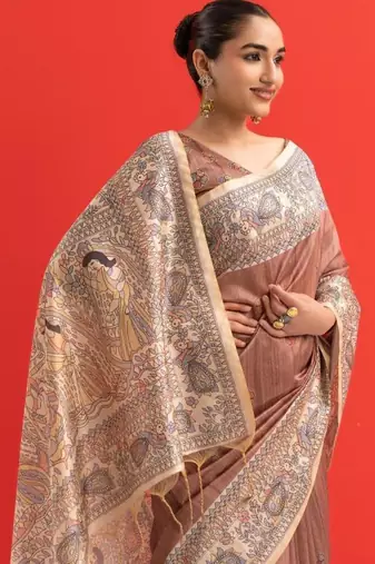 Brown color tussar silk blend madhubani printed sarees