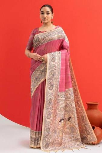 Pink color tussar silk madhubani printed sarees