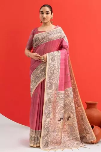 Pink color tussar silk blend madhubani printed sarees