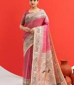 Pink color tussar silk blend madhubani printed sarees