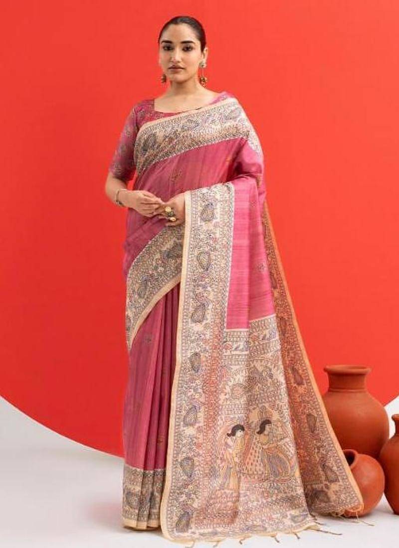 Pink color tussar silk madhubani printed sarees