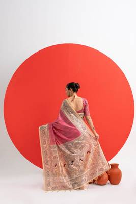 Pink color tussar silk blend madhubani printed sarees 2