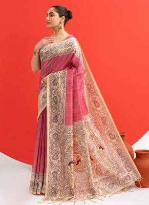 Pink color tussar silk blend madhubani printed sarees 3