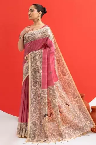 Pink color tussar silk blend madhubani printed sarees